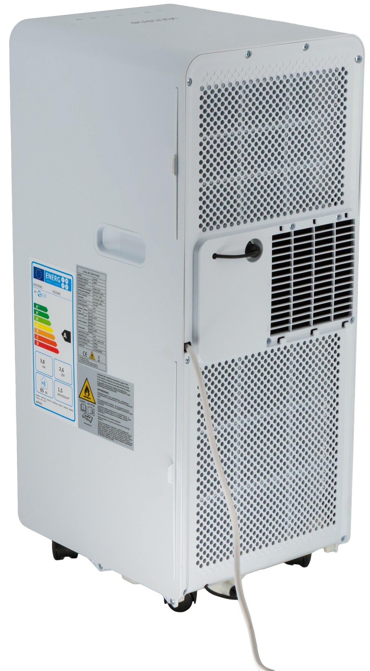 A white portable air conditioner with a perforated metal front and side panels, caster wheels, a power cord, and energy and safety labels on the side, shown against a plain white background.