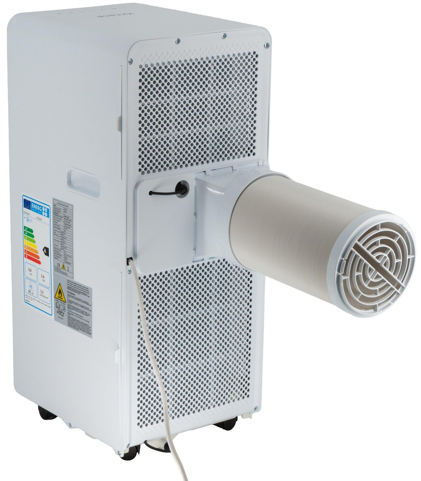 A white portable air conditioner with a cylindrical exhaust or intake pipe extending to the right, shown on a plain white background.