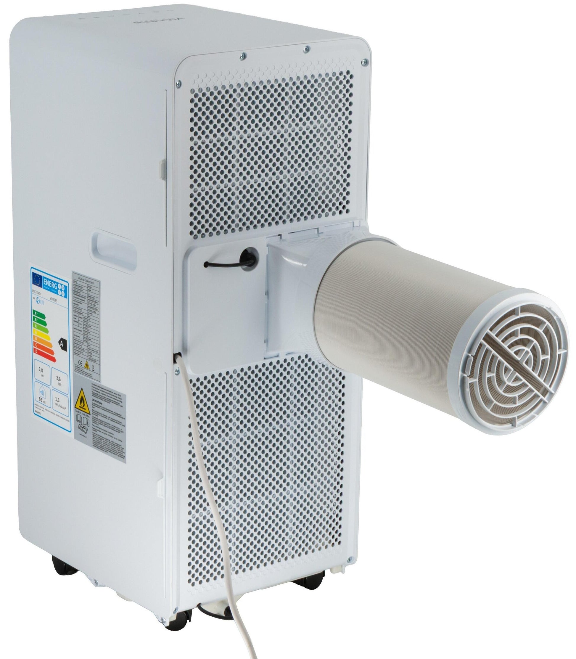 A white portable air conditioner with a cylindrical exhaust or intake pipe extending to the right, shown on a plain white background.
