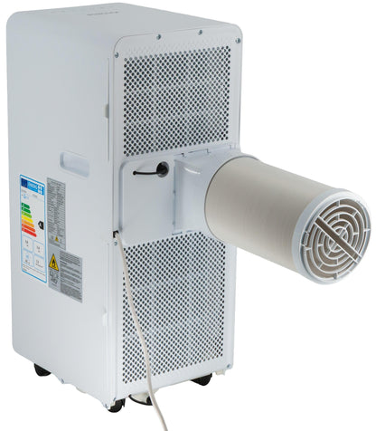 A white portable air conditioner with a cylindrical exhaust or intake pipe extending to the right, shown on a plain white background.