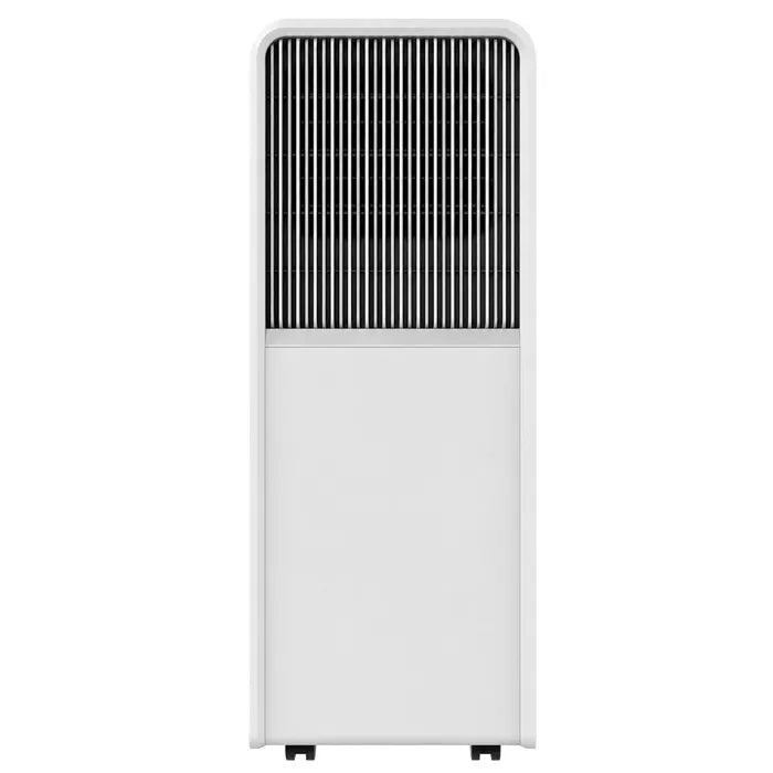 A white portable air conditioner with a black vertical slotted front grille, shown against a plain white background.